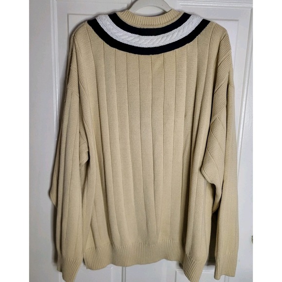 Vtg Gant Rugger Sweater Men XL Tan Navy Pullover V Neck Cable 100% Cotton Preppy - Picture 2 of 4
